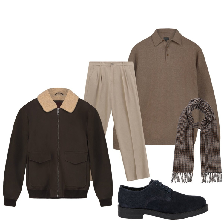Outfit uomo - Informale in ufficio. Stile Trendy per Ufficio. Abbinamento con pantaloni, scarpe stringate, sciarpe, bomber, maglieria.