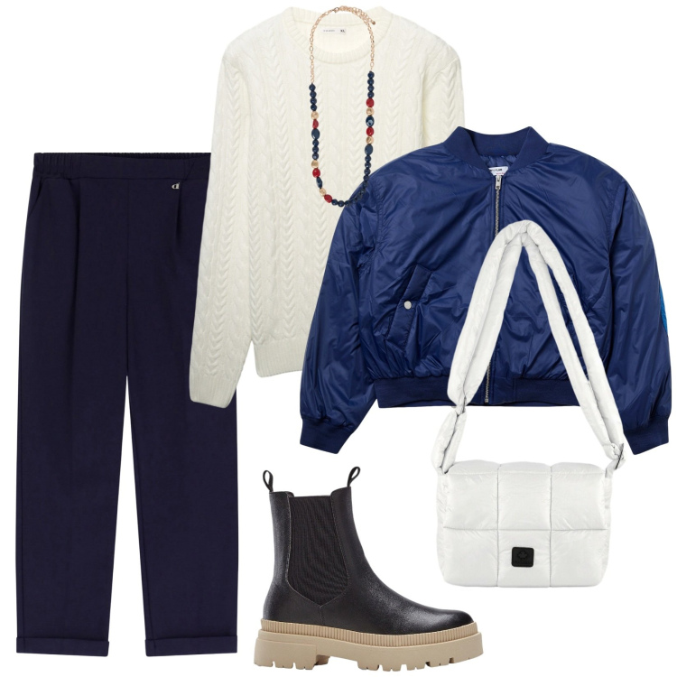 Outfit donna - Un tè alle cinque. per Tutti i giorni. Abbinamento con stivaletti chelsea, bomber, pullovers, pantaloni, borse a spalla, collane.