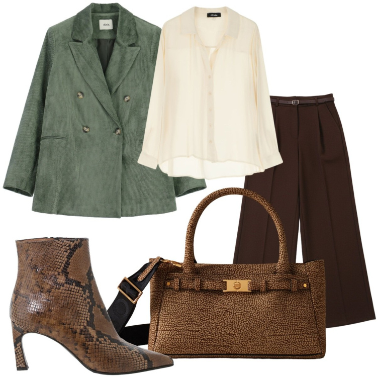 Outfit donna - Qualcosa di velluto. Stile Casual chic per Scuola/Università. Abbinamento con pantaloni a palazzo, borse a mano, stivaletti, camicie, blazer.