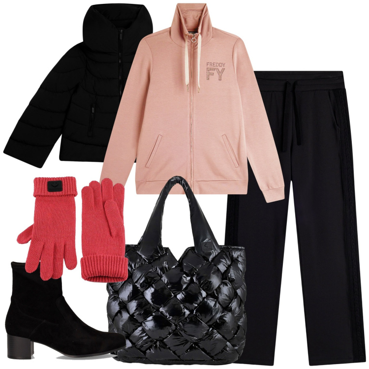 Outfit donna - Casual-chic a novembre. Stile Casual chic per Tutti i giorni. Abbinamento con felpe, pantaloni, piumini, borse tote, guanti, stivaletti.