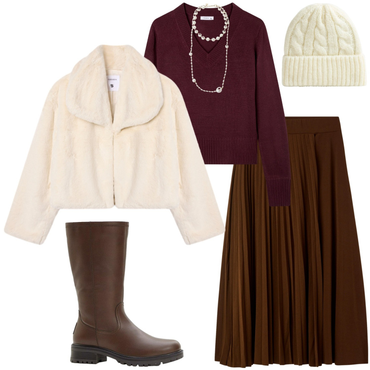 Outfit donna - Novembre. Stile Urban per Tutti i giorni. Abbinamento con stivali, maglieria, ecopellicce, gonne lunghe, berretti, collane.