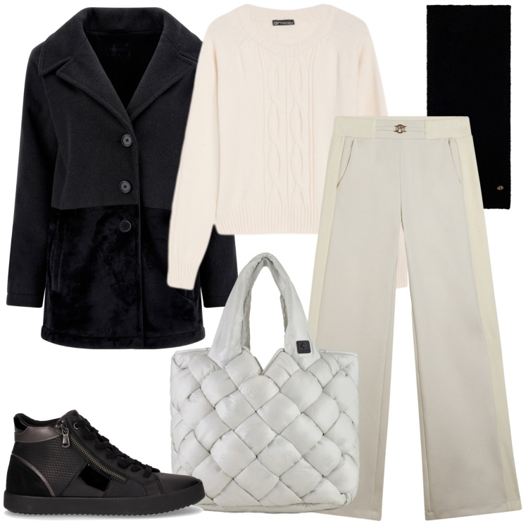 Outfit donna - Casual-chic a novembre. Stile Casual chic per Tutti i giorni. Abbinamento con pantaloni, cappotti, sciarpe, maglieria, borse tote, sneakers alte.