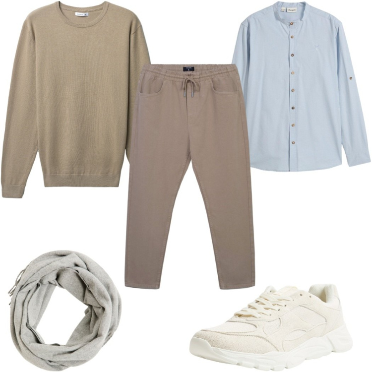 Outfit uomo - Look smart casual in beige. Stile Casual per Ufficio. Abbinamento con camicie, sneakers, sciarpe, pantaloni, maglieria.
