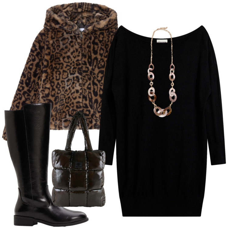 Outfit donna - Ecopelliccia maculata. Stile Casual chic per Serata fuori. Abbinamento con vestiti asimmetrici, stivali, ecopellicce, shopping bag, collane.