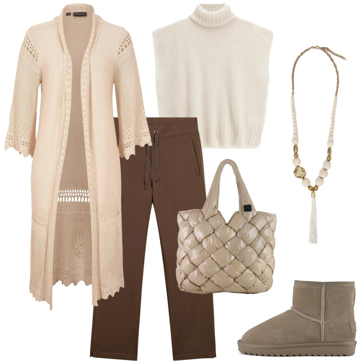 Outfit donna - Il mese del cardigan. Stile Casual per Tutti i giorni. Abbinamento con cardigans, maglieria, pantaloni, borse tote, stivali, ciondoli.