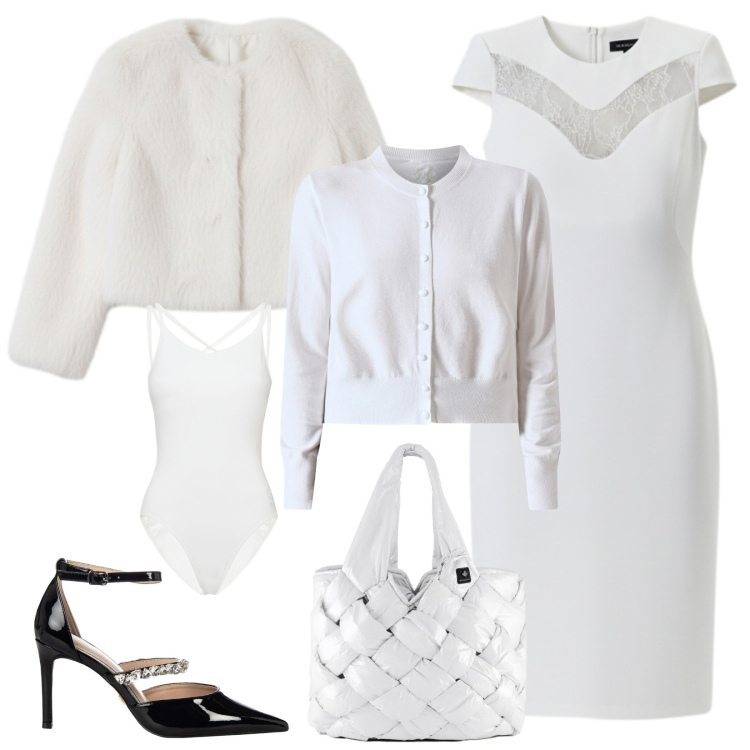 Outfit donna - Bianco neve feste e serate glamour. Stile Glamour per Serata fuori. Abbinamento con vestiti midi/longuette, cardigans, décolleté, ecopellicce, body, borse tote.
