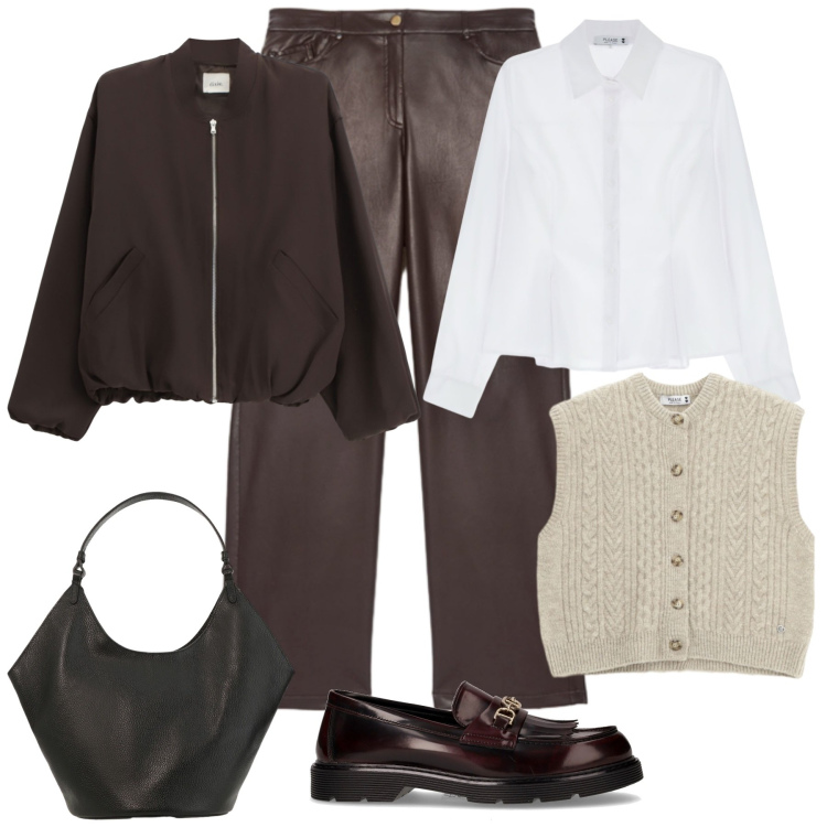Outfit donna - Glam a Novembre. Stile Casual per Tutti i giorni. Abbinamento con gilet, camicie, bomber, borse a spalla, pantaloni, mocassini.
