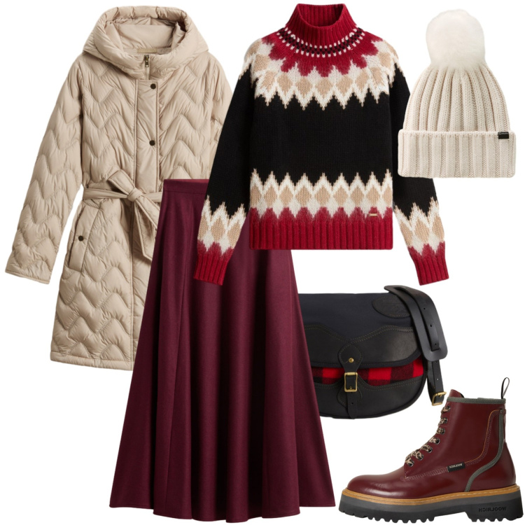 Outfit donna - Casual-chic a novembre. Stile Casual chic per Tutti i giorni. Abbinamento con gonne lunghe, maglieria, anfibi, borse a tracolla, berretti, parka.