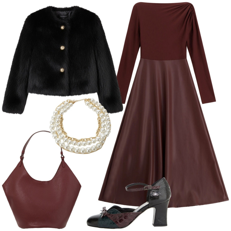 Outfit donna - Serata a Novembre. Stile Glamour per Serata fuori. Abbinamento con ecopellicce, vestiti lunghi, décolleté, collane, borse a spalla.