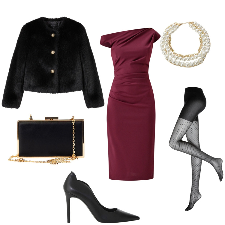 Outfit donna - Serata con stile. Stile Casual chic per Serata fuori. Abbinamento con collant, vestiti a tubino, ecopellicce, pochette, décolleté, collane.