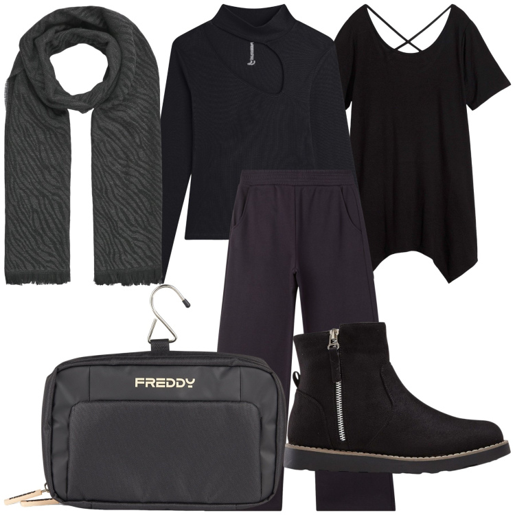 Outfit donna - With black never wrongs. Stile Basic per Tutti i giorni. Abbinamento con stivaletti, maglieria, sciarpe, pantaloni, maglieria, valigie.