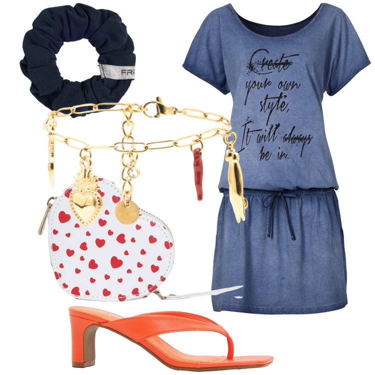 Outfit donna - Cute at home. Stile Basic per Tutti i giorni. Abbinamento con vestiti corti, infradito, portafogli, braccialetti, accessori per capelli.