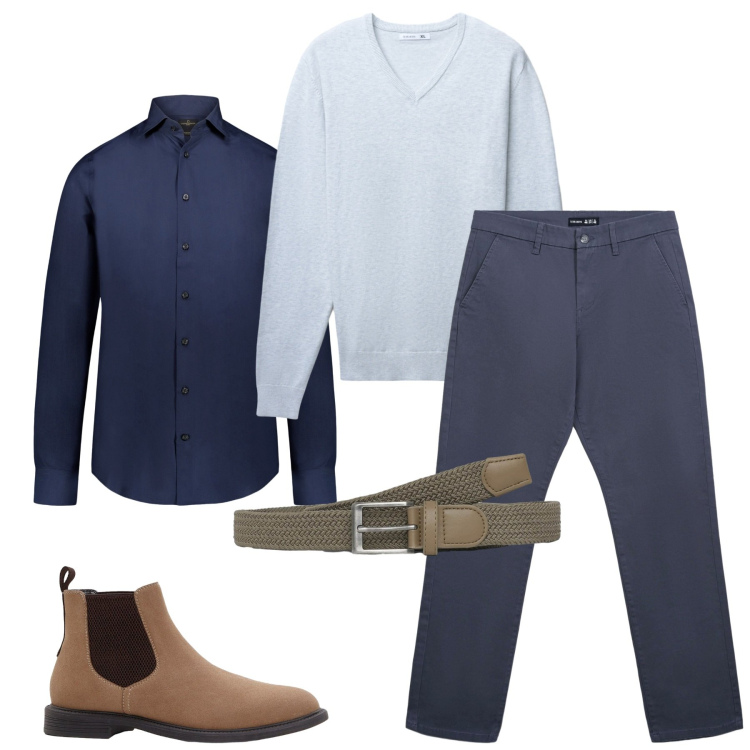 Outfit uomo - Look smart casual da ufficio. Stile Casual per Ufficio. Abbinamento con stivali e stivaletti, cinture, maglieria, pantaloni chino, camicie.