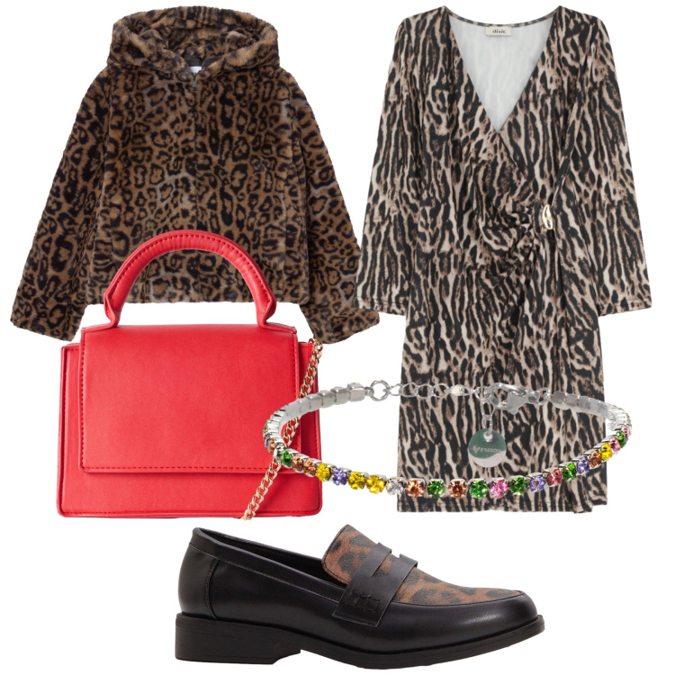 Outfit donna - Maculato. Stile Urban per Ufficio. Abbinamento con mocassini, borse a tracolla, ecopellicce, vestiti corti, braccialetti.