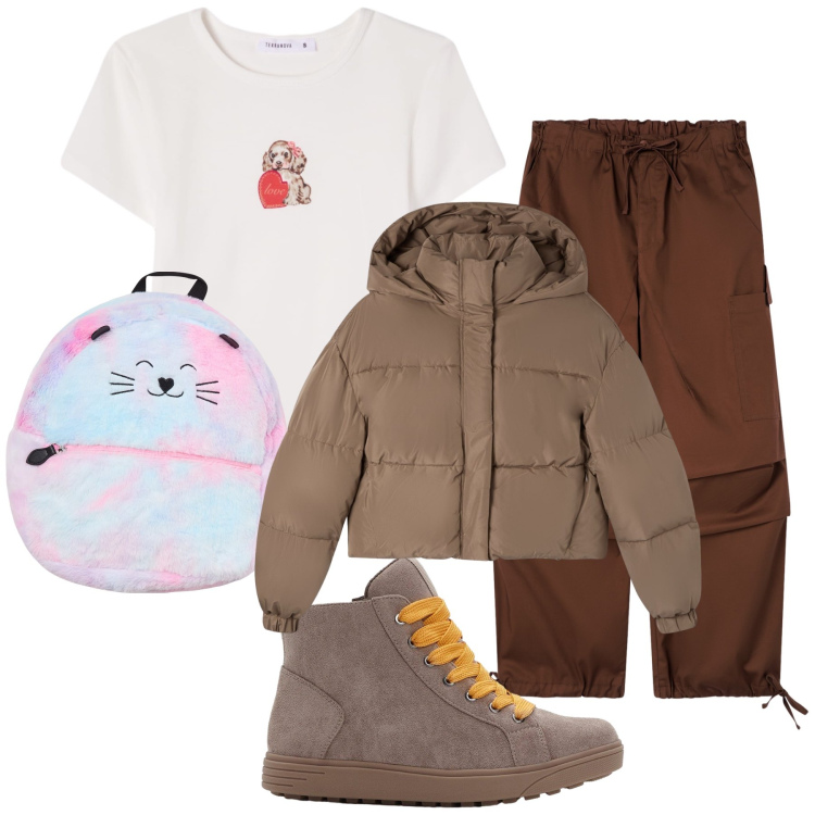 Outfit donna - Fuori coí pelosetti. Stile Casual per Tutti i giorni. Abbinamento con sneakers alte, t-shirt, bomber, pantaloni cargo, zaini.
