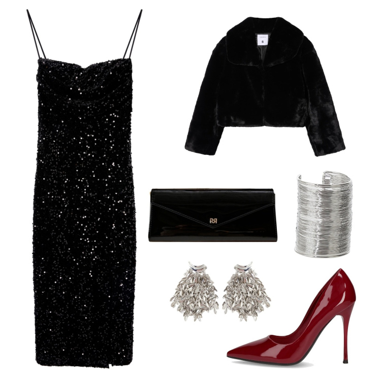 Outfit donna - Stile Glamour!. Stile Glamour per Serata fuori. Abbinamento con pochette, vestiti lunghi, ecopellicce, braccialetti, orecchini, décolleté.