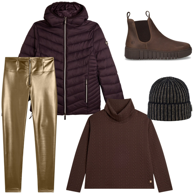 Outfit donna - Look anti freddo. Stile Casual chic per Tutti i giorni. Abbinamento con piumini, pantaloni skinny, maglieria, berretti, stivaletti chelsea.