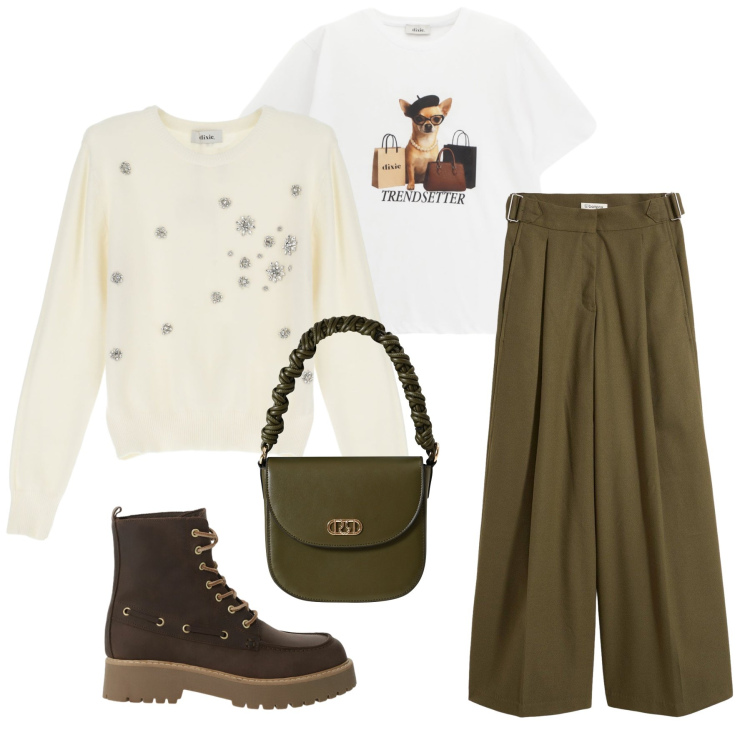 Outfit donna - Total look #2291143. Stile Casual chic per Tutti i giorni. Abbinamento con pantaloni, borse a mano, maglieria, stivaletti, t-shirt.