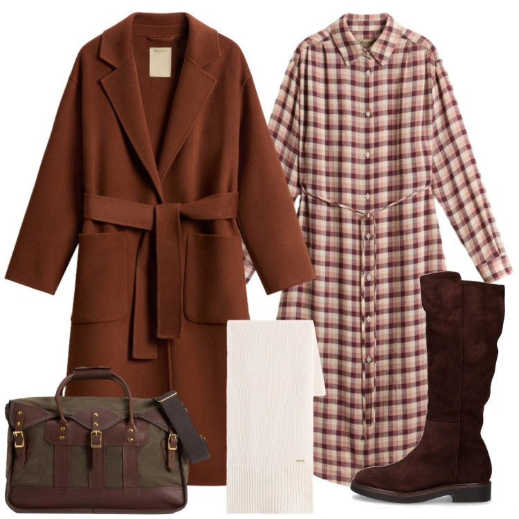 Outfit donna - Total look #2291144. Stile Casual chic per Tutti i giorni. Abbinamento con borse a tracolla, cappotti, vestiti lunghi, sciarpe, stivali.