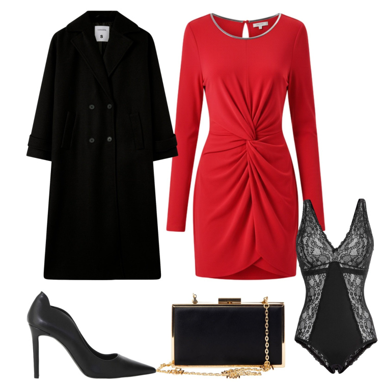 Outfit donna - Il tubino rosso per le feste. Stile Glamour per Serata fuori. Abbinamento con body, vestiti a tubino, pochette, cappotti, décolleté.