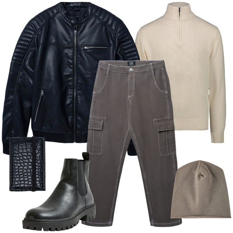Outfit uomo - Leather lover. Stile Urban per Tutti i giorni. Abbinamento con stivali e stivaletti, pantaloni cargo, berretti, giacche, portafogli, maglieria.