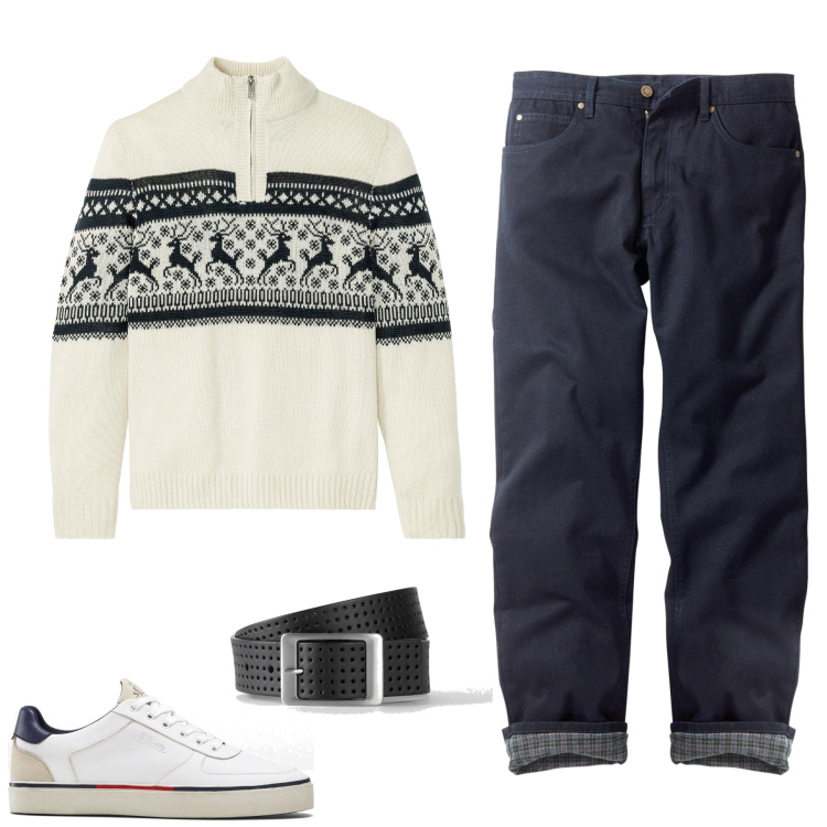 Outfit homme - Sam. Style Casual pour Tous les jours. Assortir avec pulls, jean coupe droite, ceintures, sneakers.