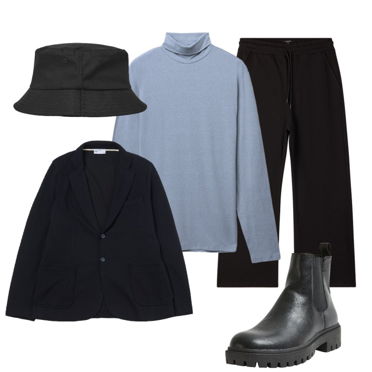 Outfit uomo - Giornata uggiosa. Stile Casual per Tutti i giorni. Abbinamento con stivali e stivaletti, giacche, cappelli con visiera, pantaloni, t-shirt.