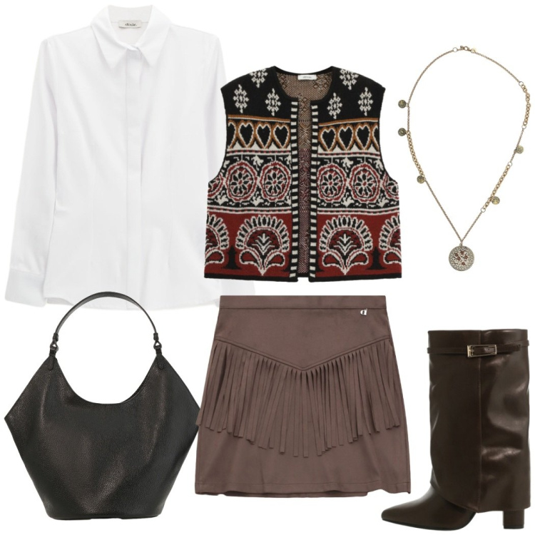 Outfit donna - Total look #2291153. Stile Casual chic per Tutti i giorni. Abbinamento con stivali, borse a spalla, minigonne, camicie, ciondoli, gilet.