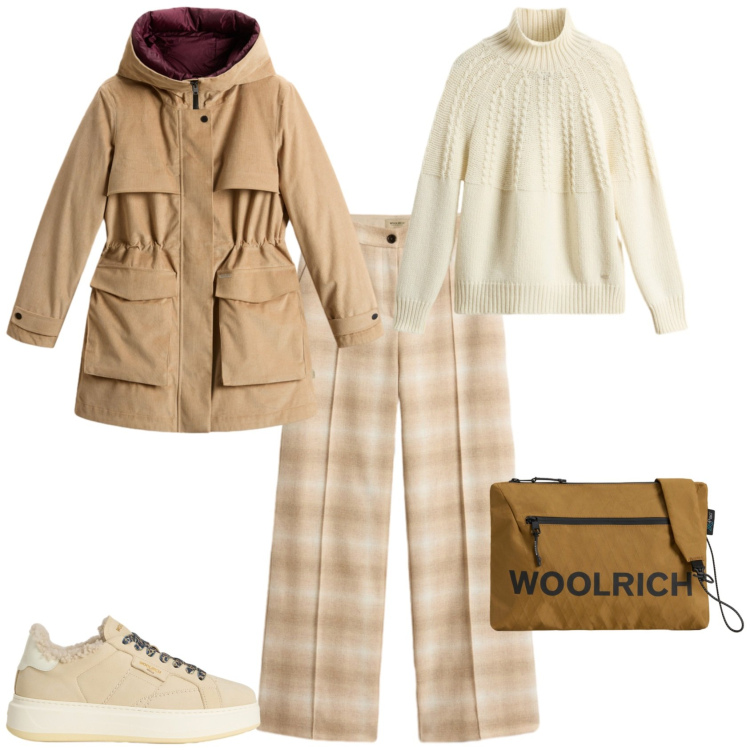 Outfit donna - Toni beige bianco. Stile Casual chic per Tutti i giorni. Abbinamento con pantaloni, borse a tracolla, maglieria, sneakers, parka.