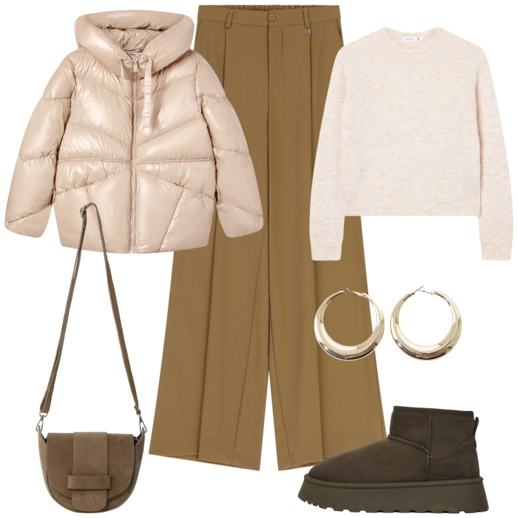 Outfit donna - Glam per novembre. Stile Casual chic per Tutti i giorni. Abbinamento con giacche, maglieria, stivali, pantaloni a palazzo, orecchini, borse a tracolla.