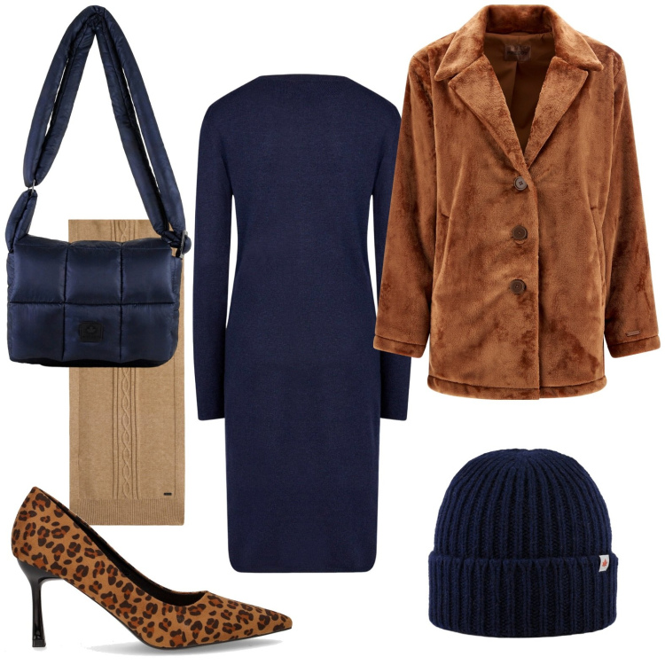 Outfit donna - Casual-chic a novembre. Stile Casual chic per Ufficio. Abbinamento con cappotti, sciarpe, borse a spalla, berretti, vestiti midi/longuette, décolleté.