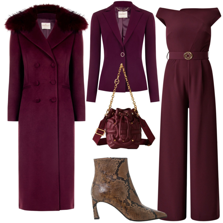 Outfit donna - Cerimonia. Stile Glamour per Cerimonia. Abbinamento con tute, blazer, cappotti, borse a secchiello, stivaletti.