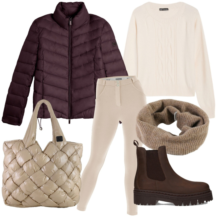 Outfit donna - Casual-chic a novembre. Stile Glamour per Tutti i giorni. Abbinamento con piumini, maglieria, pantaloni skinny, borse tote, scaldacollo, stivaletti chelsea.