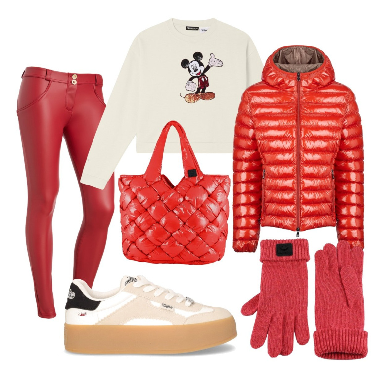 Outfit donna - Casual chic con Topolino. Stile Casual chic per Scuola/Università. Abbinamento con felpe, pantaloni skinny, blazer, borse tote, guanti, sneakers.
