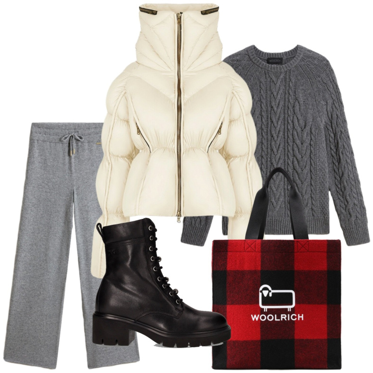 Outfit donna - Casual-chic a novembre. Stile Minimal per Tutti i giorni. Abbinamento con piumini, maglieria, pantaloni, borse tote, anfibi.
