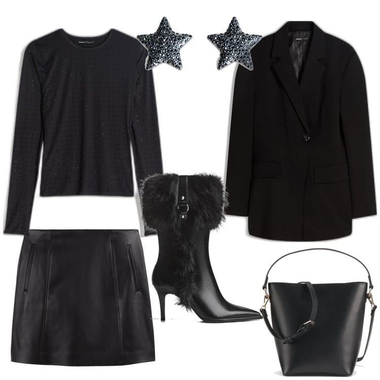 Outfit mujer - Noche especial. Estilo Chic para Noche/Fiesta elegante. Combinación con camiseta, botines, minifaldas, blazers, pendientes, bolsos saco.