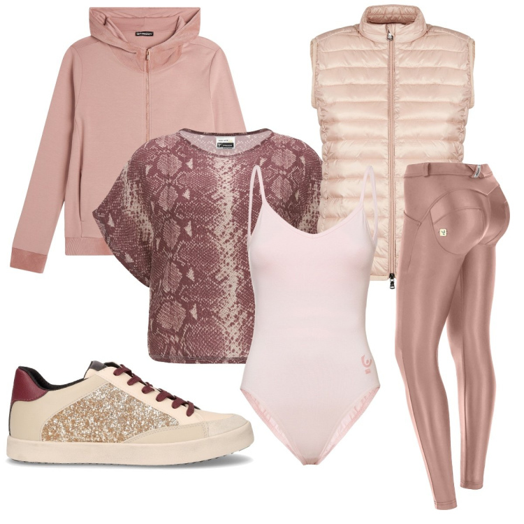 Outfit donna - Casual chic dai toni delicati. Stile Casual chic per Tutti i giorni. Abbinamento con pantaloni skinny, bluse, body, felpe con cappuccio, piumini, sneakers.