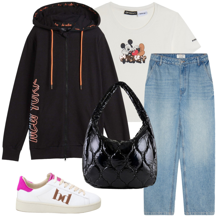 Outfit donna - Total look #2291171. Stile Casual chic per Tutti i giorni. Abbinamento con felpe con cappuccio, jeans, sneakers, t-shirt, borse tote.