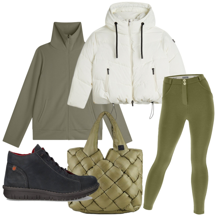 Outfit donna - Casual-chic a novembre. Stile Casual per Tutti i giorni. Abbinamento con pantaloni skinny, felpe, piumini, borse tote, stivaletti.