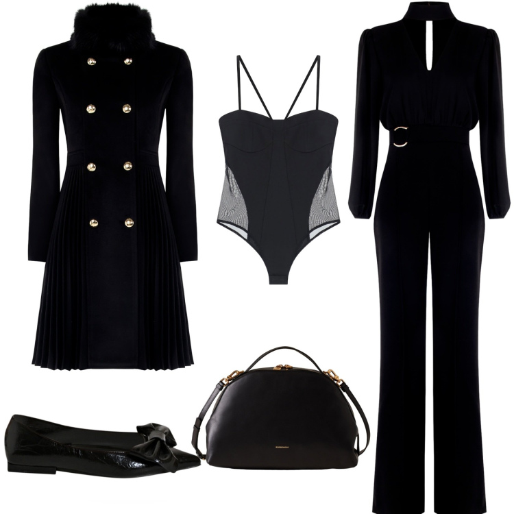 Outfit donna - Elegante. Stile Bon Ton per Serata fuori. Abbinamento con tute, cappotti, ballerine, body, borse a mano.