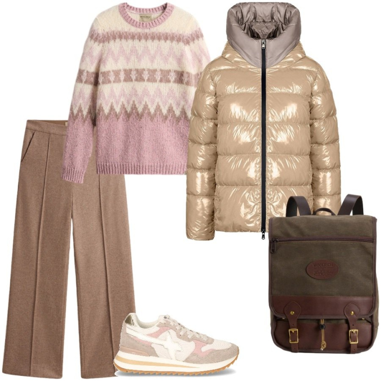 Outfit donna - Total look #2291175. Stile Casual chic per Ufficio. Abbinamento con piumini, zaini, pantaloni, maglieria, sneakers.