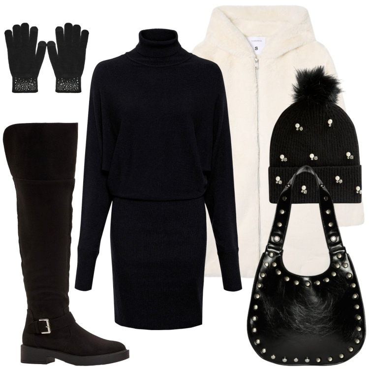 Outfit donna - Serata con stile. Stile Minimal per Serata fuori. Abbinamento con vestiti, stivali sopra il ginocchio, cappotti, guanti, berretti, borse a spalla.