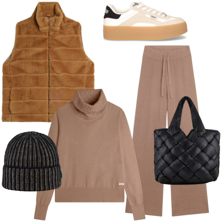 Outfit donna - Casual con stile. Stile Casual chic per Tutti i giorni. Abbinamento con pantaloni, gilet, maglieria, borse tote, berretti, sneakers.