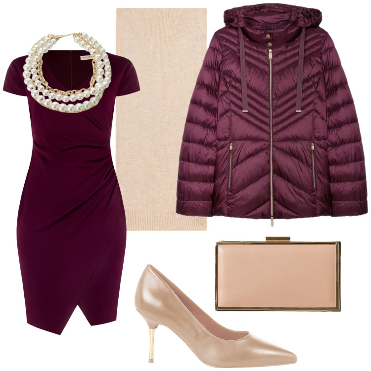 Outfit donna - Serata con stile. Stile Chic per Serata fuori. Abbinamento con vestiti a tubino, décolleté, pochette, collane, sciarpe, piumini.