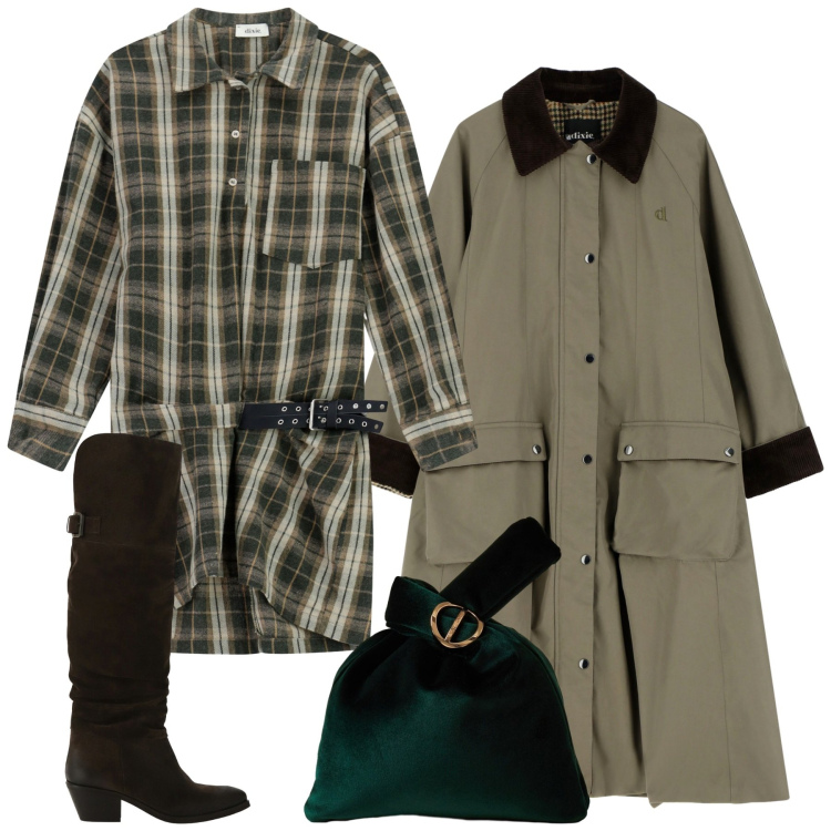 Outfit donna - Novembre tartan. Stile Chic per Tutti i giorni. Abbinamento con borse a mano, vestiti corti, cappotti, stivali.