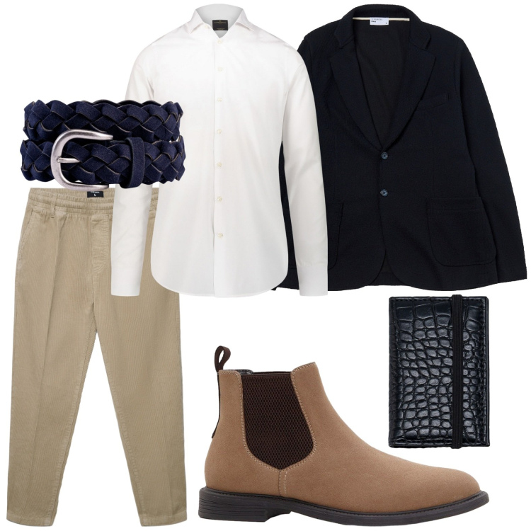 Outfit uomo - Look smart casual da ufficio. Stile Casual per Ufficio. Abbinamento con stivali e stivaletti, pantaloni, giacche, portafogli, camicie, cinture.