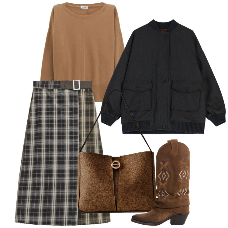 Outfit donna - Novembre. Stile Bon Ton per Tutti i giorni. Abbinamento con borse a secchiello, gonne, stivali, maglieria, bomber.