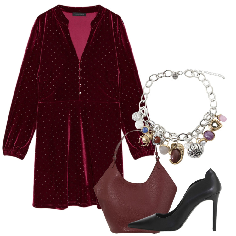 Outfit donna - Qualcosa di velluto - @ellystyle. Stile Chic per Serata fuori. Abbinamento con braccialetti con ciondoli, décolleté, borse a spalla, vestiti corti.