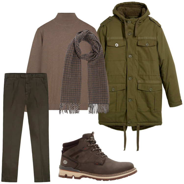 Outfit uomo - Colori della terra. Stile Trendy per Tutti i giorni. Abbinamento con stivali e stivaletti, parka, pantaloni, maglieria, sciarpe.