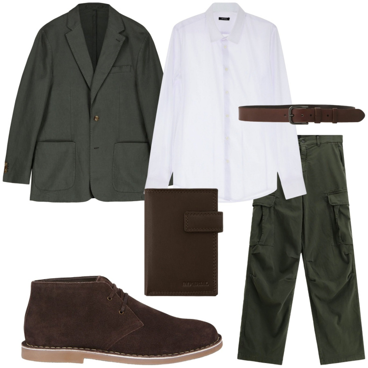 Outfit uomo - Look smart casual da ufficio. Stile Trendy per Ufficio. Abbinamento con camicie, pantaloni cargo, portafogli, cinture, giacche, stivali e stivaletti.